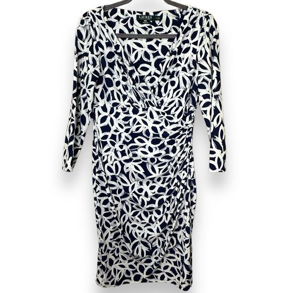 Lauren Ralph Lauren Ruched Sheath Dress Size 8 Navy White Floral Classic Preppy - Picture 1 of 3